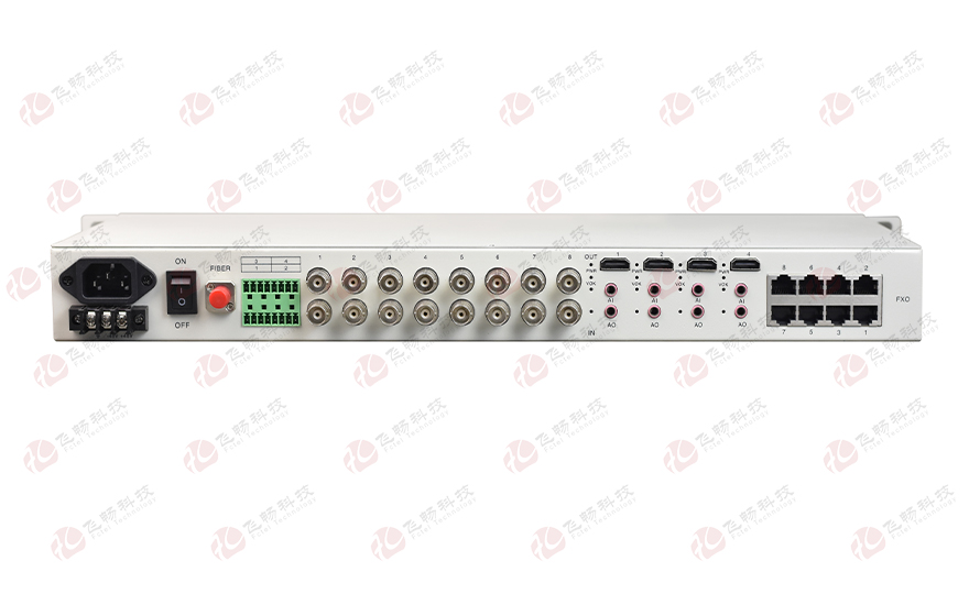 飛暢科技-4路HDMI視頻+2路千電+4路百電(物理隔離)+8路電話+開(kāi)關(guān)量+串口+E1 光端機(jī)